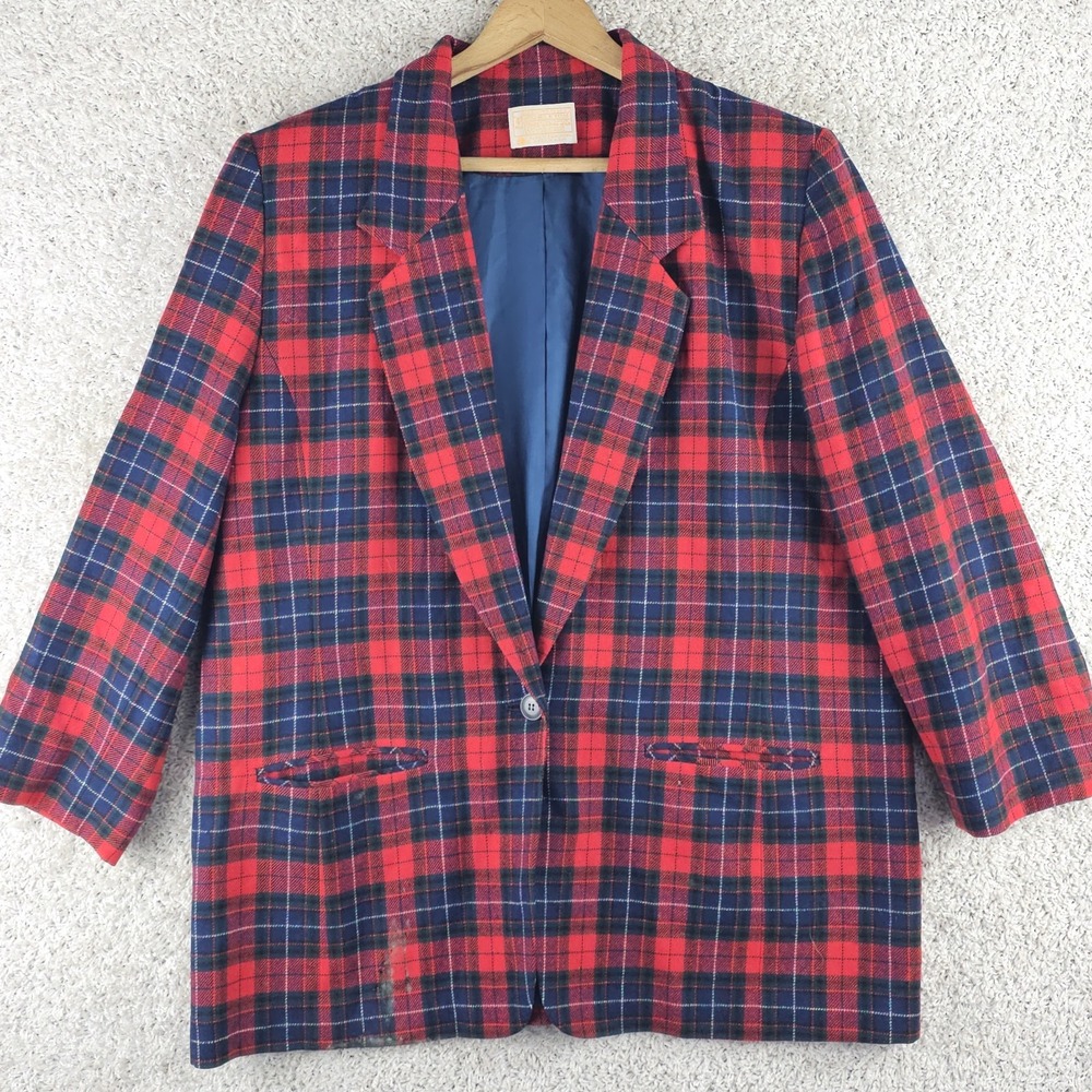 Vintage Pendleton Red Plaid Blazer Womens 18 Virgin Wool Made In USA (Burn Mark)
